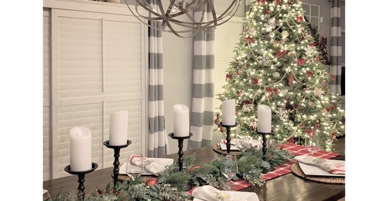 Christmas spread in festive dining room. 